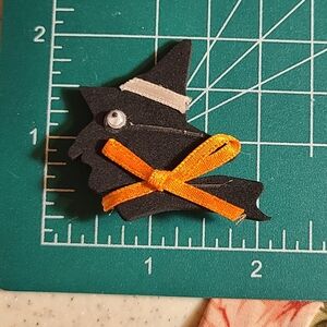 Black Witch Hat Brooch with Orange Bow Pin Jeweley Retro